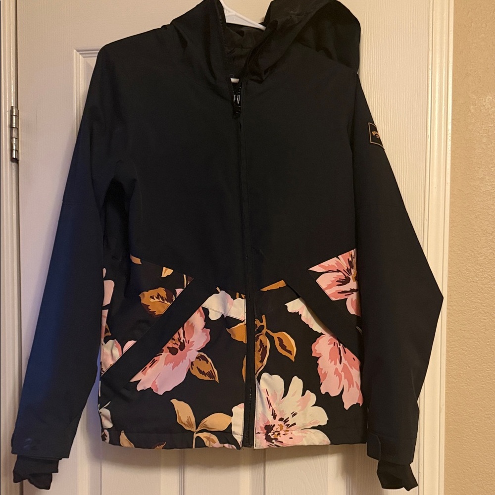 Billabong Black Ski Jacket with Pink and Gold Floral Panels